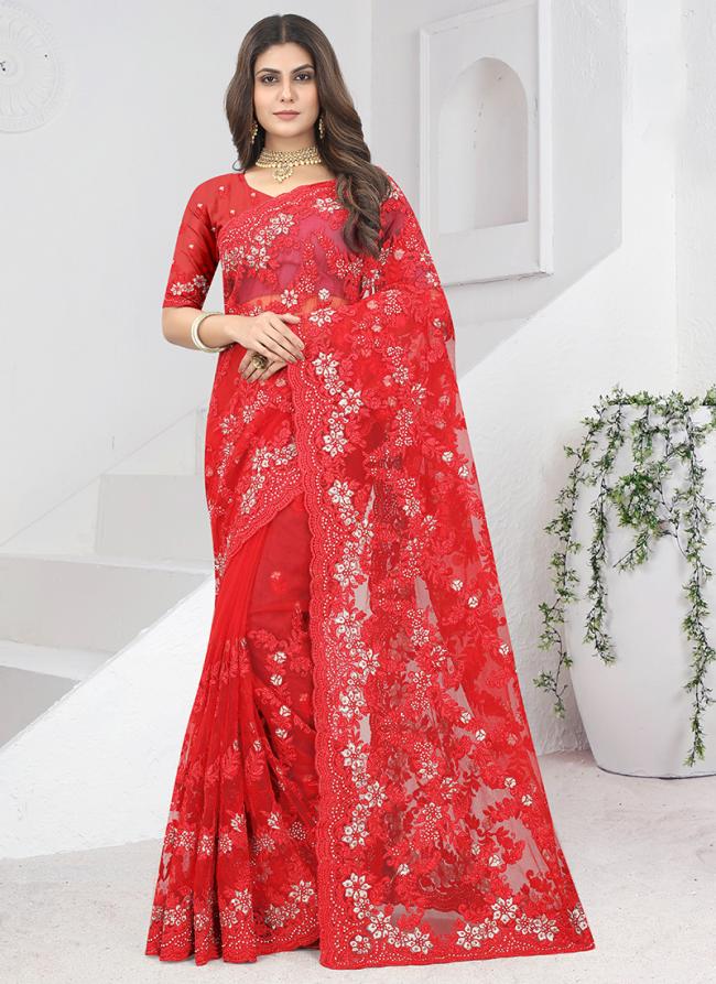 Georgette Red Wedding Wear Embroidery Work Saree